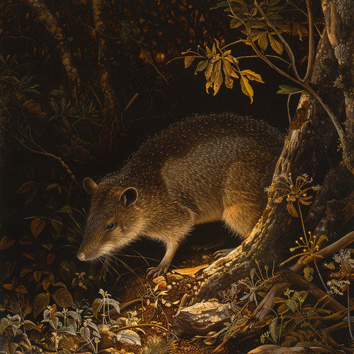 A northern brown bandicoot foraging in the twilight underbrush of an Australian forest