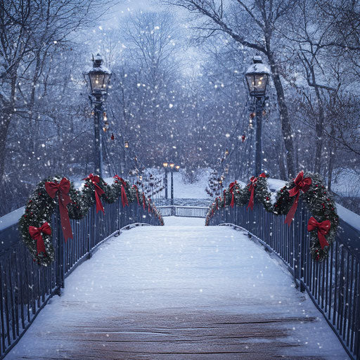 Snowy bridge over a frozen river, wreaths with red bows hanging from the railings, snowflakes swirling in the wind.