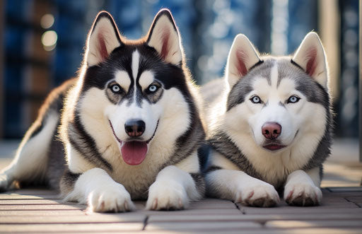 Two Siberian huskies laying down on a walkway, in the style of dark navy and light blue, made of all of the above, light silver and light maroon, black and white mastery, facial expression 17:11