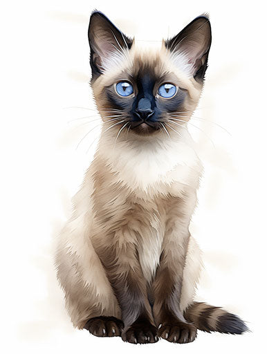 Siamese kitten sitting on white background, Firmin Baes style, light maroon and dark indigo, dollcore, dark white and light beige