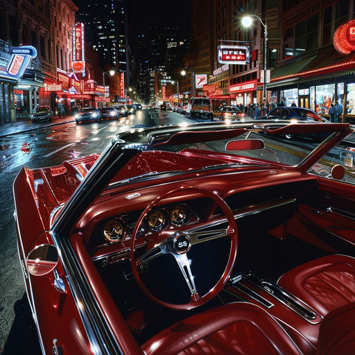 Chevrolet Chevelle SS 1969 with luxury custom interior, cruising the boulevards of a glamorous city at night.