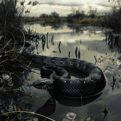Black mamba snake near a tranquil riverbank