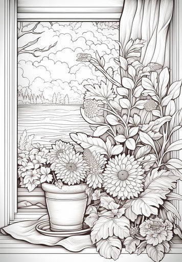 Coloring page of flowers on the windowsill