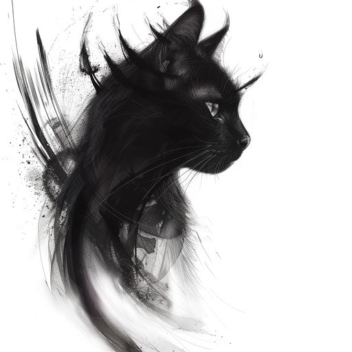 Gothic black cat tattoo with mysterious aura on white