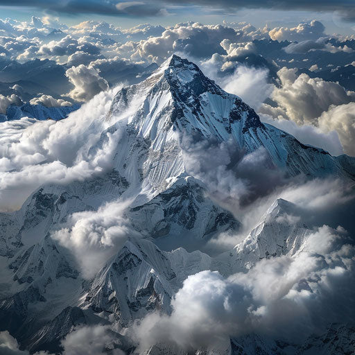Aerial view of Mount Everest with dramatic clouds