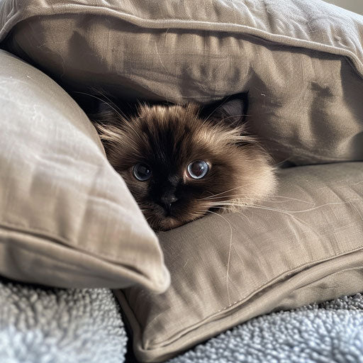 Himalayan cat hidden in soft pillows, adorable