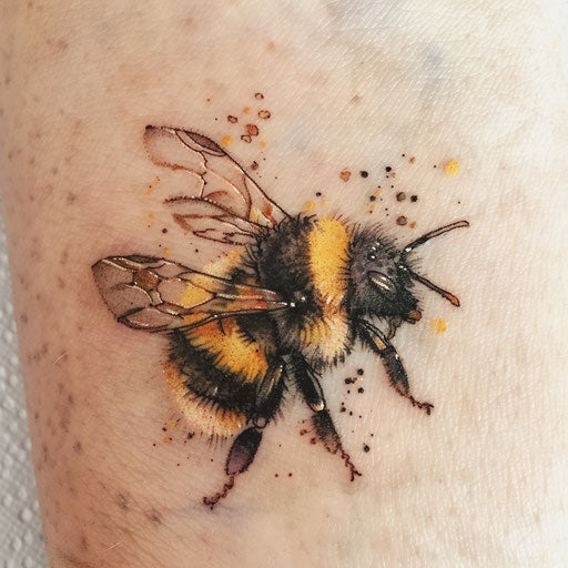 Watercolor bumble bee tattoo, soft yellows and blacks on white