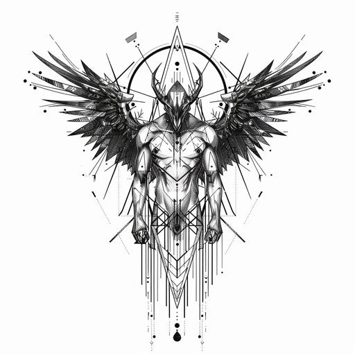 Stylized flat tattoo sketch of Lucifer with geometric patterns