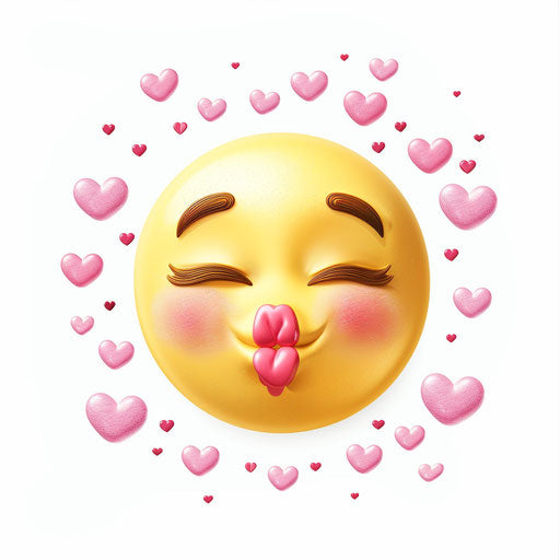 Kiss emoji clipart, white background, cute yellow smiley with hearts