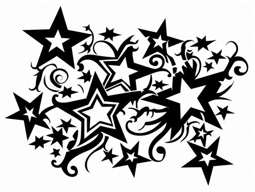 Black stars on white background, tattoo style, aurorapunk