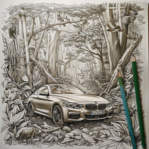 A BMW car in a lush forest with detailed wildlife in the style of an Edward Julius Detmold coloring book page