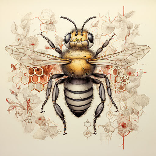 Detailed illustrations of bees in bronzepunk cyborgs