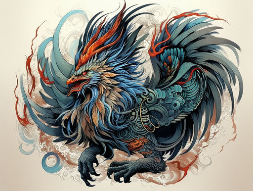 Blueish rooster dragon tattoo drawing, chinapunk style