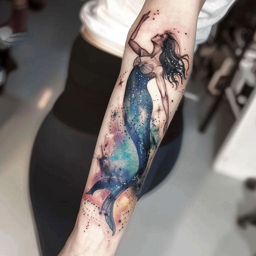 Galactic mermaid tattoo, blend of space elements on white background