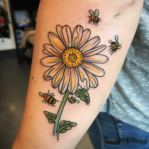 Whimsical tattoo sketch of a daisy with cartoon bees in clipart style