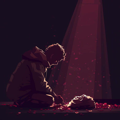 Flat background in deep maroon supporting poverty clipart in a photo realistic depiction, accented with dynamic shadows and bright highlights