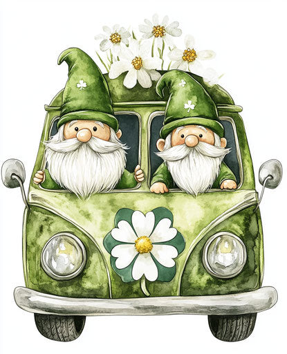 St. Patrick's Day gnomes driving a green van with white flowers
