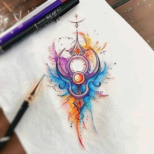 Pastel tattoo sketch of a hakuna matata symbol with dreamy vibes and gentle hues