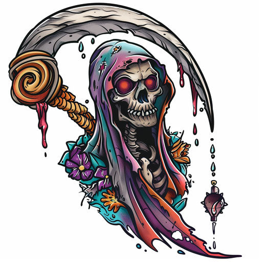 Cartoonish tattoo sketch of a reaper death seal, playful colors