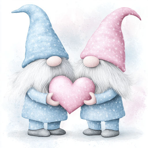 Cute gnomes holding a heart in pastel pink and blue colors