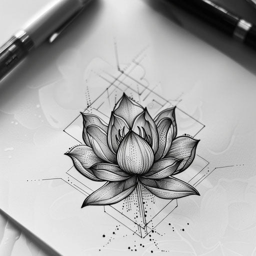 Complex geometric tattoo design with lotus in hexagonal patterns on white background