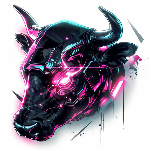 Futuristic cyberpunk bull tattoo concept, with neon accents, on white digital background