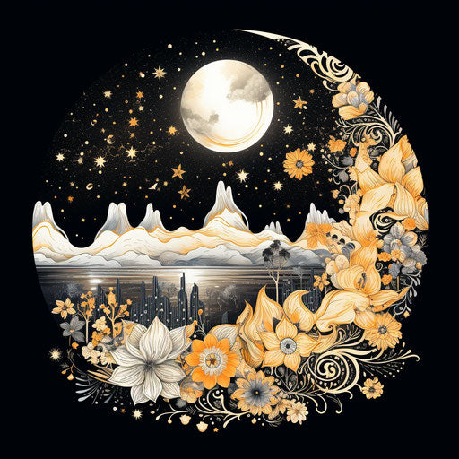 Moon floral mandala, tattoo illustration black and white