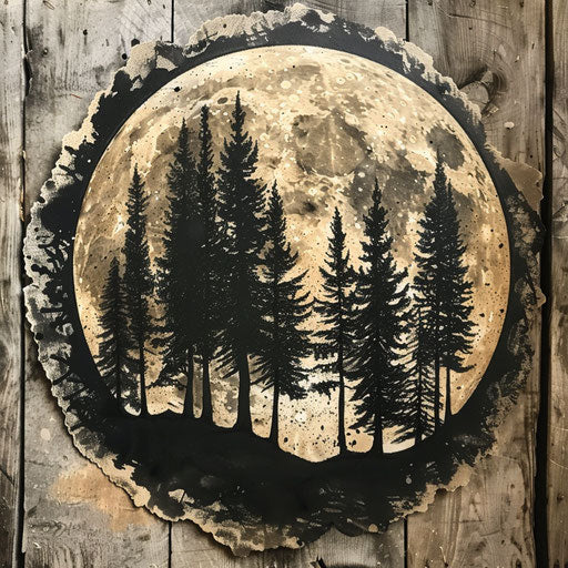 Flat sketch of a rustic tattoo of a full moon against a forest silhouette, earthy tones