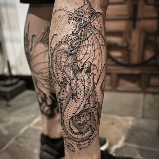 Fantasy creatures patchwork tattoo in the style of David Palumbo