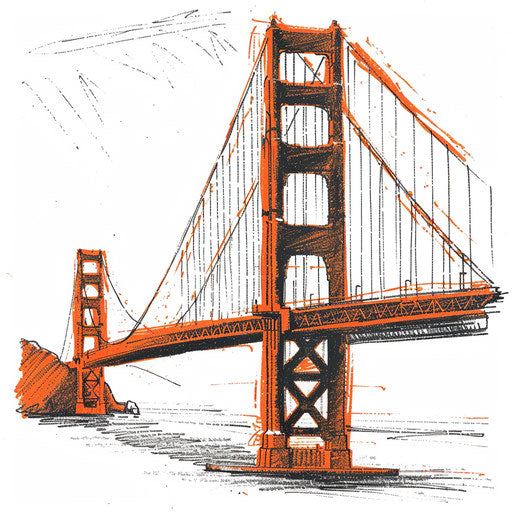 Drawing of a Golden Gate Bridge tattoo in orange and black on white