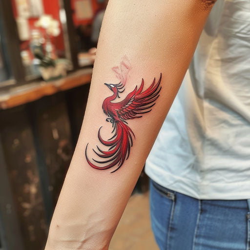 Phoenix wrist tattoo in the style of David Palumbo