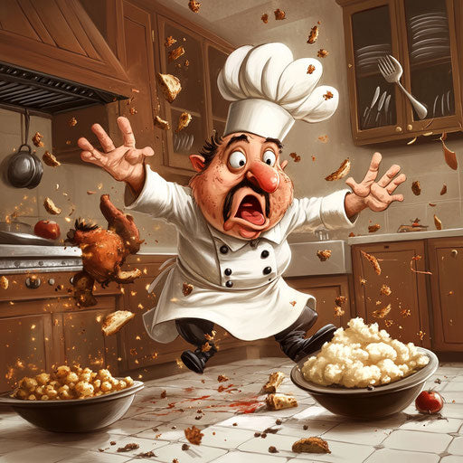 Cartoon chef chasing a mischievous turkey in the kitchen