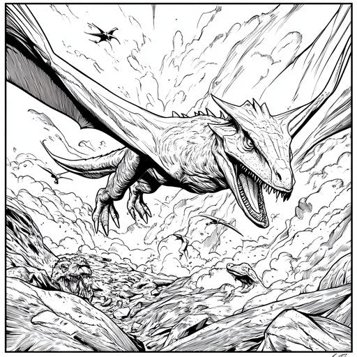 Pterodactyl chasing smaller dinosaur, Zeck style, Coloring page