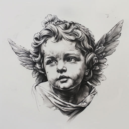 Photorealistic cherub tattoo on white canvas