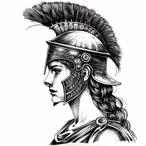 Warrior goddess with helmet, blackwork tattoo on white