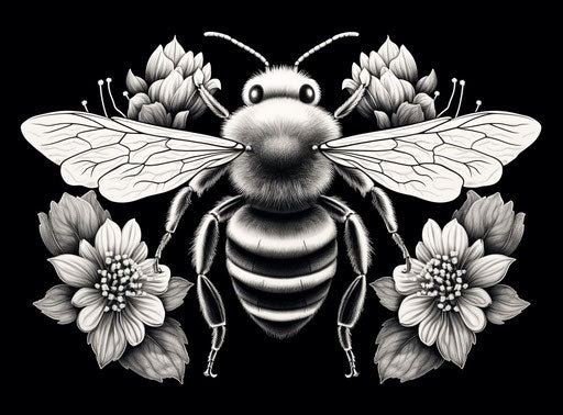 Hand-painted portrait of a bee in black and white