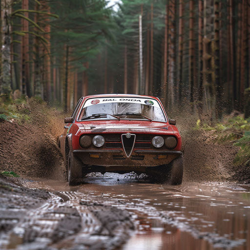 Vintage Alfa Romeo Alfasud rally car, covered in mud, racing through a dense forest rally stage
