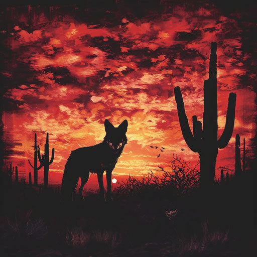 Coyote silhouette at fiery desert sunset with long cacti shadows