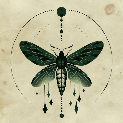 Zen tattoo sketch of a firefly with minimalist strokes and tranquil green shades in a serene clipart style