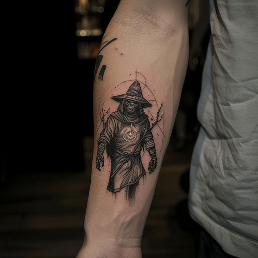Small tattoo of a dark sorcerer, inspired by Gerald Brom