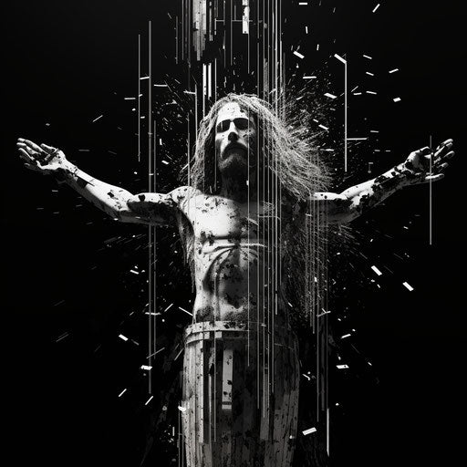 Jesus on his cross in black and white, glitchcore style