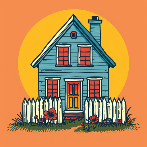 Flat tattoo sketch of a house with a white picket fence in vibrant colors