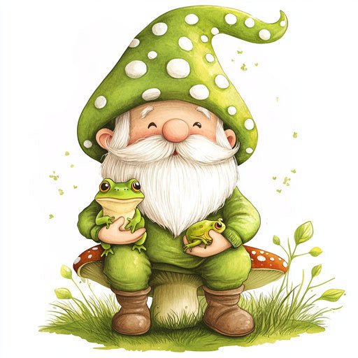 Cute green gnome with baby frog on mushroom