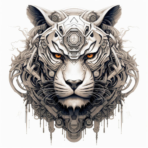 Tiger tattoo on helmet in mystic mechanical metal kabuki style