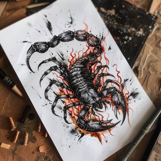 Scorpion tattoo emerging from flames on white paper