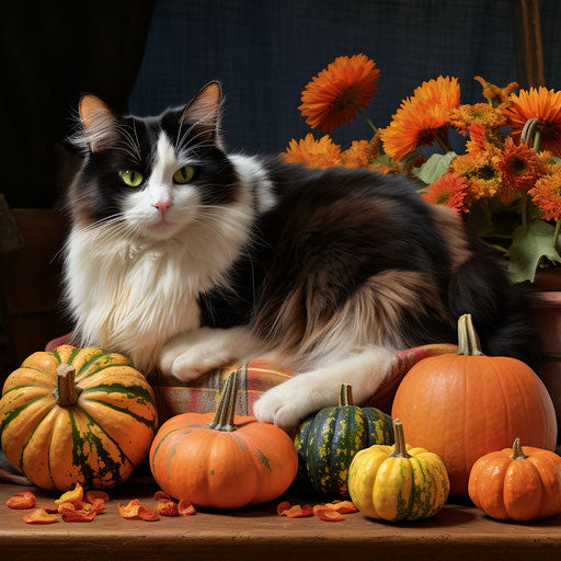 Calico cat resting with pumpkins