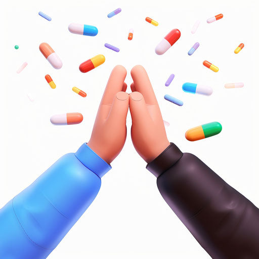 Two hands high fiving with flying pills