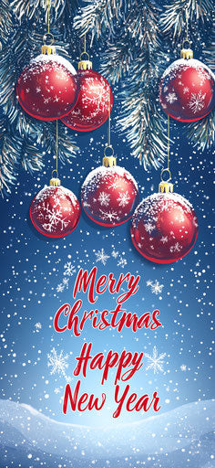 Starry night, red Christmas ornaments on snow-covered trees