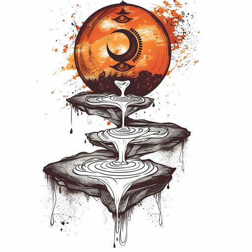 Orange Sacral Chakra tattoo illustration, flowing water and crescent moon elements on a white background