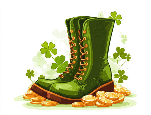 Clover, gold coins, green boot for St. Patrick's Day